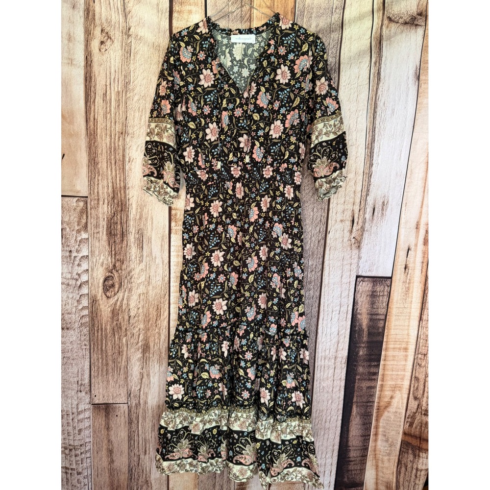 Walker‎ & Wade Floral Boho Maxi Dress Black Rayon Tiered Ruffle Bali Size Medium